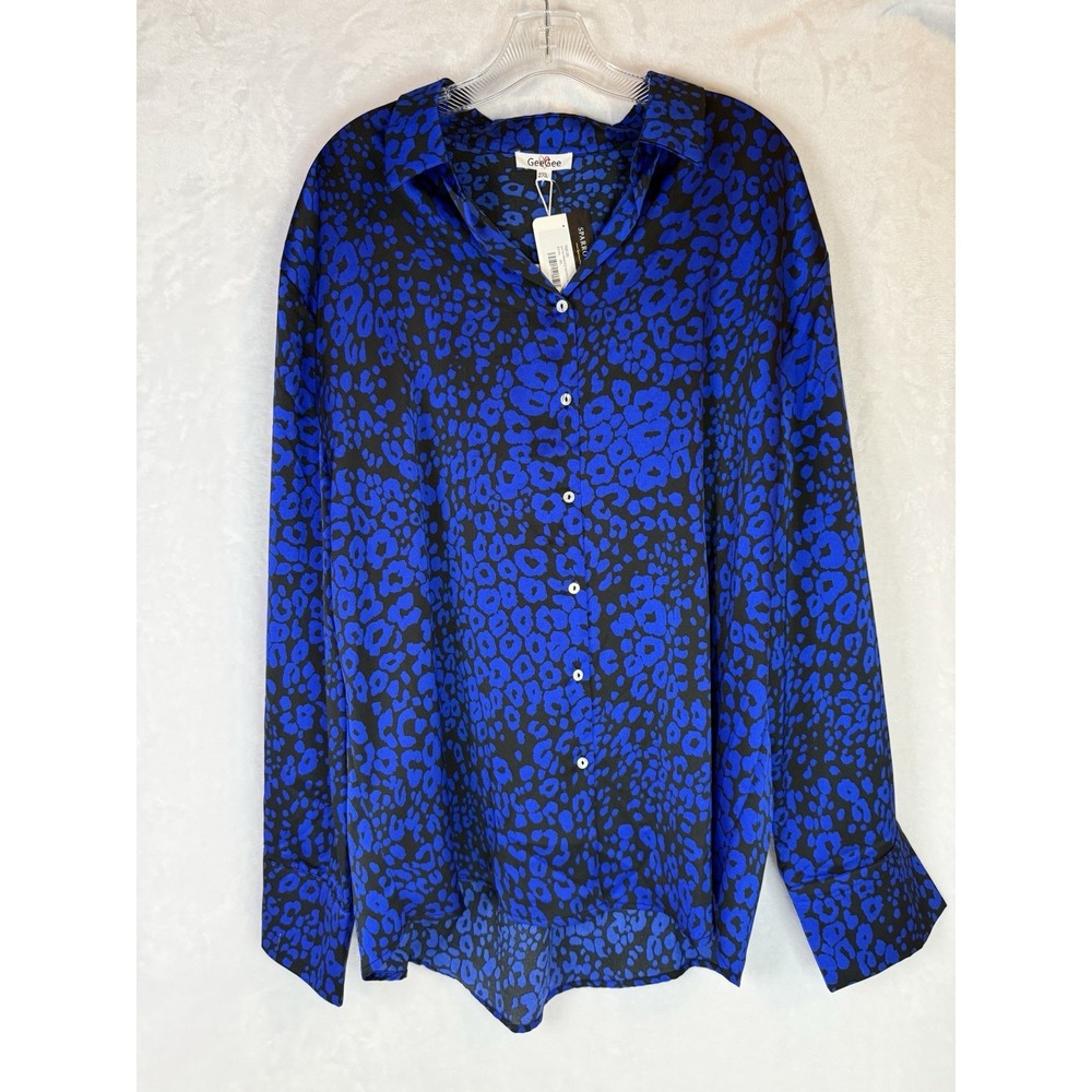 GeeGee Blue‎ Leopard Print Blouse 2XL Button Front Tunic Lightweight Top Career